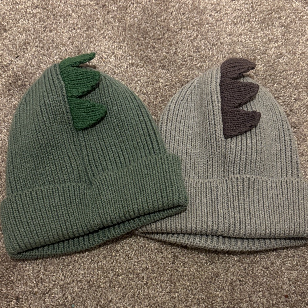 Baby GAP Dinosaur-Themed Knit Beanies in Green and Gray